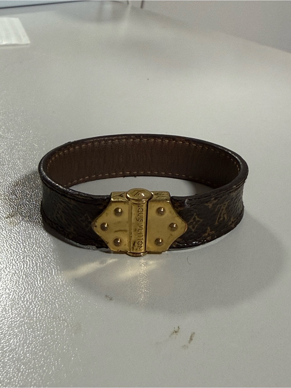 Louis Vuitton Brown Monogram Leather Bracelet with Gold-tone Clasp - Picture 1 of 4